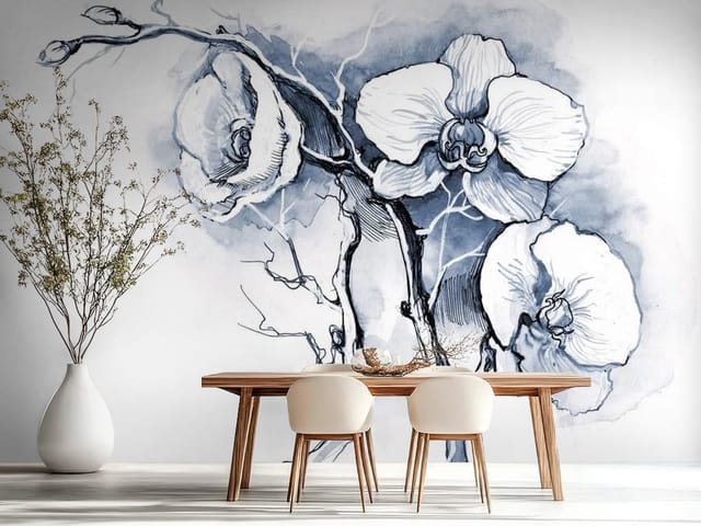 Fototapeta Orchidee na niebieskim tle (mpn: FT-744) Fototapeta Storczyki – gałązka z trzema kwiatami orchidei
