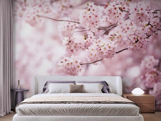 Fototapeta Sakura – gałąź z kwiatami wiśni (mpn: FT-7481) Fototapeta Sakura z gałęzią i delikatnymi różowymi kwiatami