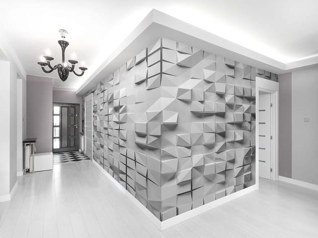 Fototapeta Trójwymiarowe formy geometryczne (mpn: FT-7485) Fototapeta 3D formy geometryczne – trójwymiarowa ściana z geometrycznymi wzorami