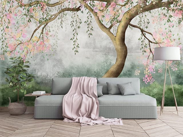 Fototapeta z drzewem sakura, kwitnące gałęzie i mglista sceneria