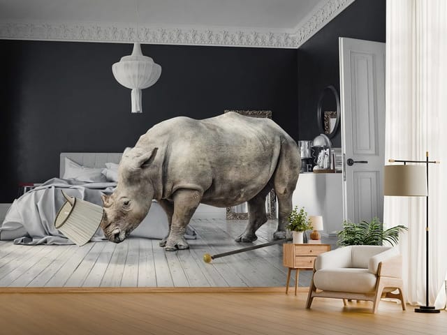 Fototapeta 3D zwierzęta – nosorożec w eleganckiej sypialni