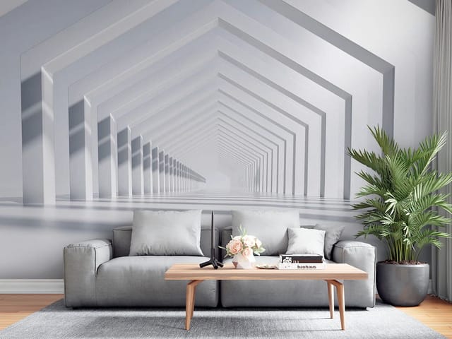 Fototapeta 3D tunel – geometryczny tunel z białymi łukami