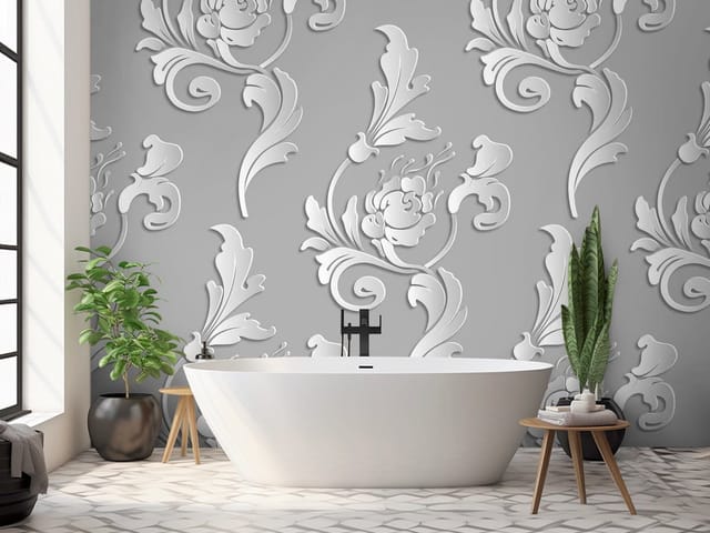Fototapeta Ornamenty roślinne na szarym tle (mpn: FT-7650) Fototapeta 3D abstrakcja – białe ornamenty roślinne na szarym tle