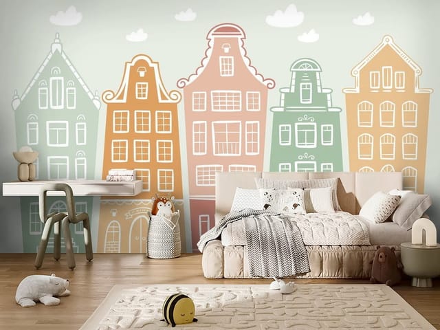 Fototapeta Bajki – ilustracja z rzędem kolorowych kamienic