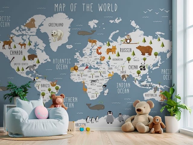 Fototapeta Mapa świata dla dzieci z zwierzętami (mpn: FT-7700) Fototapeta Mapy dziecięce – ilustrowana mapa świata z zwierzętami