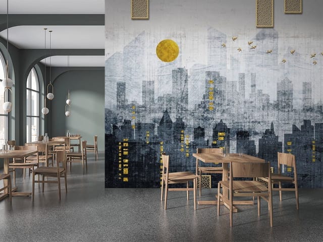 Fototapeta Ilustracje miast – panorama miasta z ciemnymi sylwetkami wieżowców