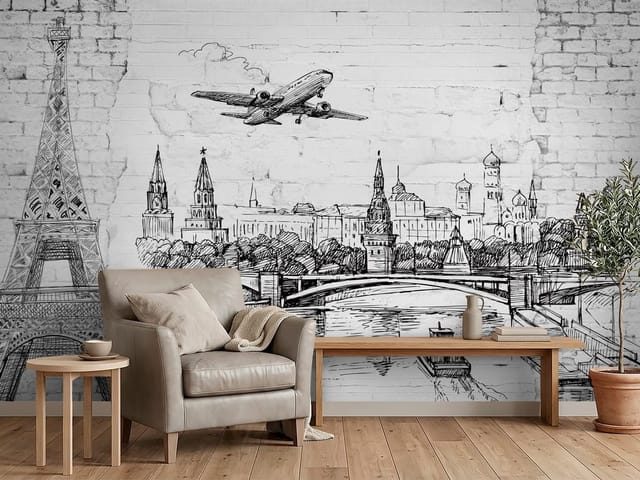 Fototapeta Ilustracje miast – Wieża Eiffla i samolot na tle miasta