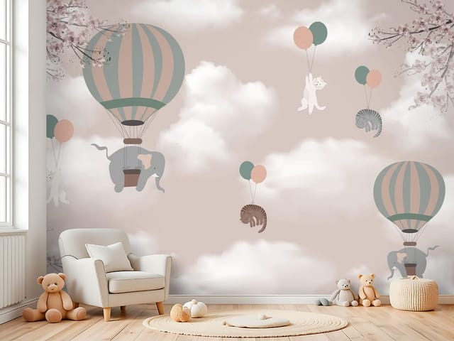 Fototapeta zwierzęta dziecięce – balon z unoszącym się słoniem