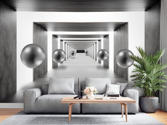 Fototapeta Srebrne kule w tunelu 3D (mpn: FT-7845) Fototapeta 3D tunel – futurystyczny korytarz z kulami