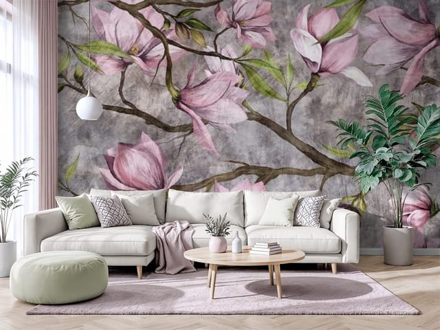 Fototapeta Gałązki magnolii na szarym tle (mpn: FT-7885) Fototapeta Magnolie – gałązki drzewa z różowymi kwiatami na szarym tle