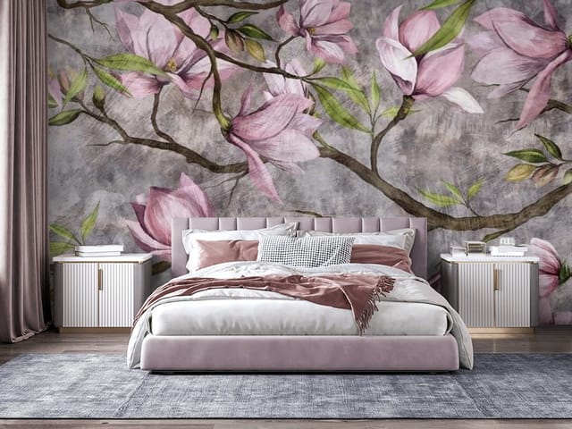 Fototapeta Gałązki magnolii na szarym tle (mpn: FT-7885) Fototapeta Magnolie – gałązki drzewa z różowymi kwiatami na szarym tle