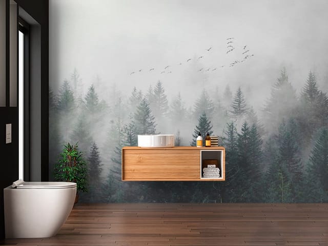 Fototapeta Las mglisty – las iglasty otulony gęstą mgłą