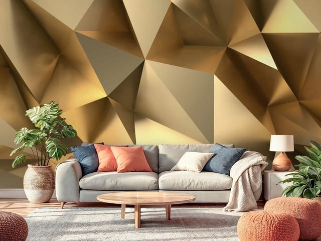 Fototapeta 3D formy geometryczne – geometryczne złote kształty na ścianie