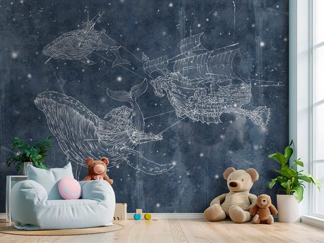 Fototapeta Kosmos dziecięcy – kontury wieloryba i statku