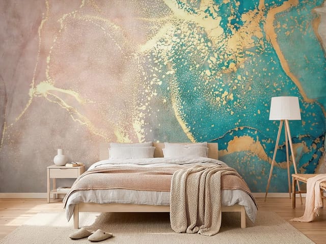 Fototapeta Fluid art – abstrakcyjny wzór z turkusem i złotem