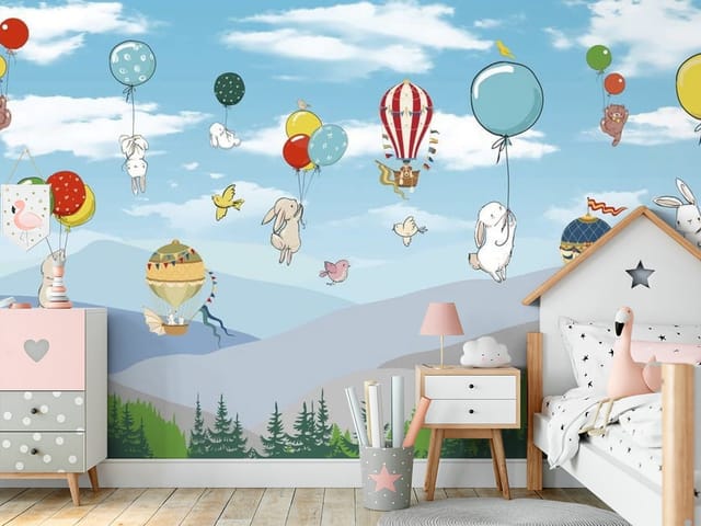 Fototapeta Zwierzęta dziecięce – zwierzęta unoszące się na balonach na tle błękitnego nieba z chmurami