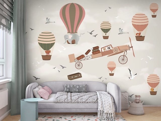 Fototapeta Balony i Samolot na Niebie (mpn: FT-8103) Fototapeta Bajki – balony i samolot na tle jasnego nieba z chmurami