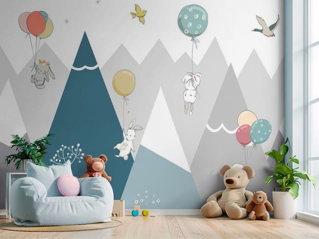 Fototapeta Góry dziecięce z królikami unoszącymi się na balonach