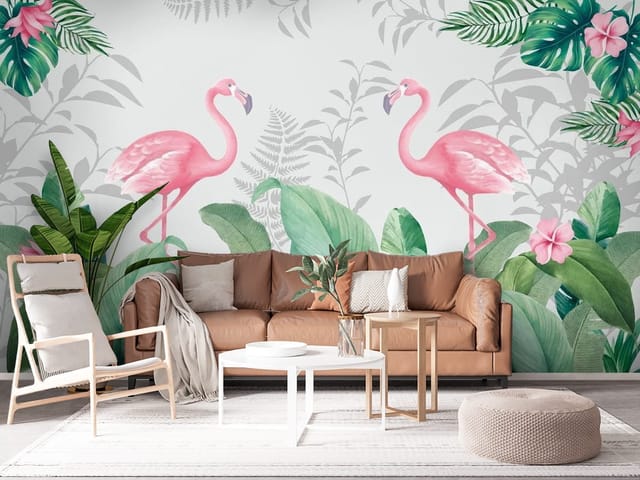 Fototapeta Flamingi – dwa różowe flamingi wśród liści
