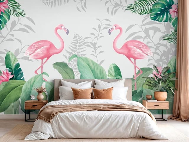 Fototapeta Flamingi – dwa różowe flamingi wśród liści