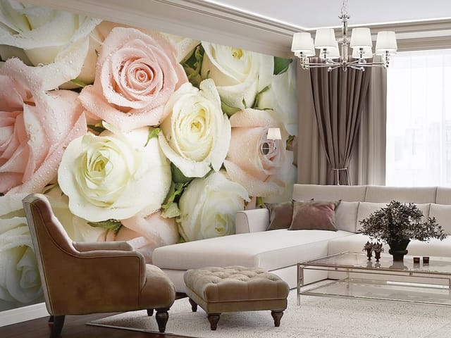 Fototapeta Bukiet różowych i białych róż (kod: 8249) Fototapeta z bukietem różowych i białych róż z kroplami wody