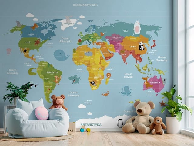 Fototapeta Mapy dziecięce – ilustrowana mapa świata z kontynentami