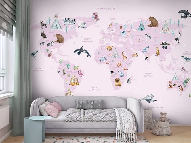 Fototapeta Mapa świata z ilustracjami zwierząt (mpn: FT-8262) Fototapeta Mapy dziecięce – mapa świata z kontynentami i zwierzętami