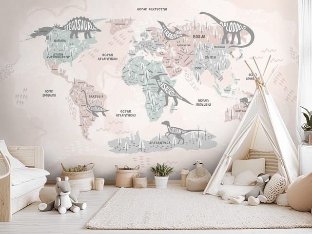 Fototapeta Mapa świata z dinozaurami dla dzieci (mpn: FT-8266) Fototapeta mapy dziecięce – ilustracja mapy świata z dinozaurami