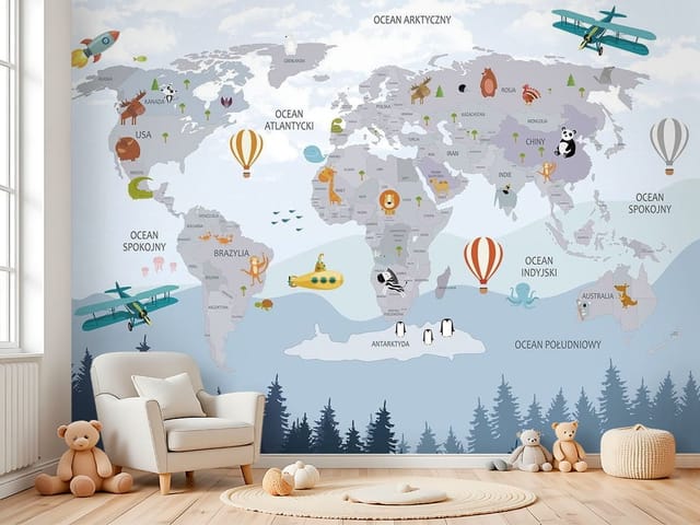 Fototapeta Mapy dziecięce – mapa świata z ilustracjami zwierząt