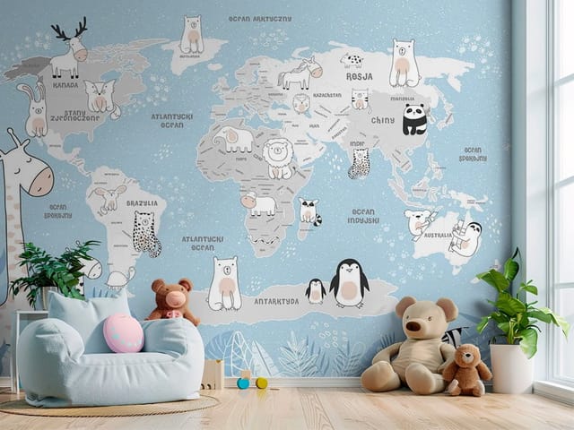 Fototapeta Mapy dziecięce – mapa świata z rysunkowymi zwierzętami