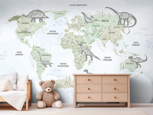 Fototapeta Mapy dziecięce – mapa świata z dinozaurami