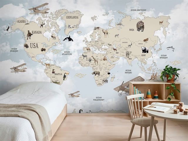 Fototapeta Mapy dziecięce – mapa świata z kontynentami i nazwami oceanów