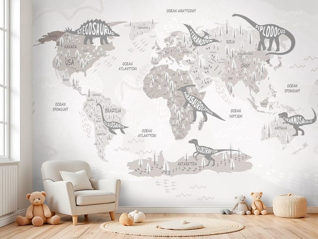 Fototapeta Mapa świata z dinozaurami dla dzieci (mpn: FT-8294) Fototapeta Dinozaury dziecięce – mapa świata z dinozaurami