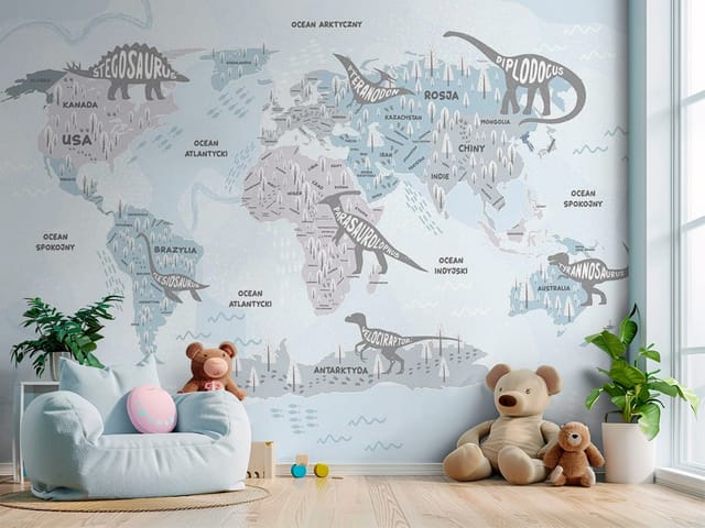 Fototapeta Mapa świata z dinozaurami (mpn: FT-8296) Fototapeta mapy dziecięce – mapa świata z dinozaurami
