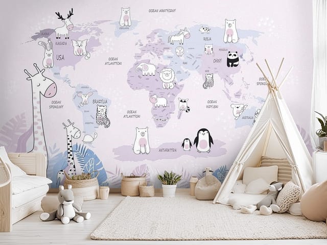 Fototapeta Mapy dziecięce – mapa świata z rysunkowymi zwierzętami