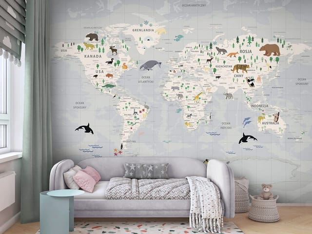 Fototapeta Mapy dziecięce – mapa świata z fauną i florą