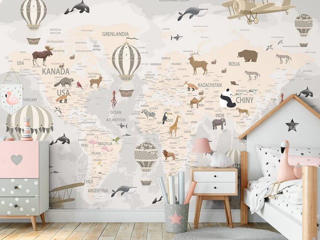 Fototapeta mapy dziecięce – ilustrowana mapa świata z balonami