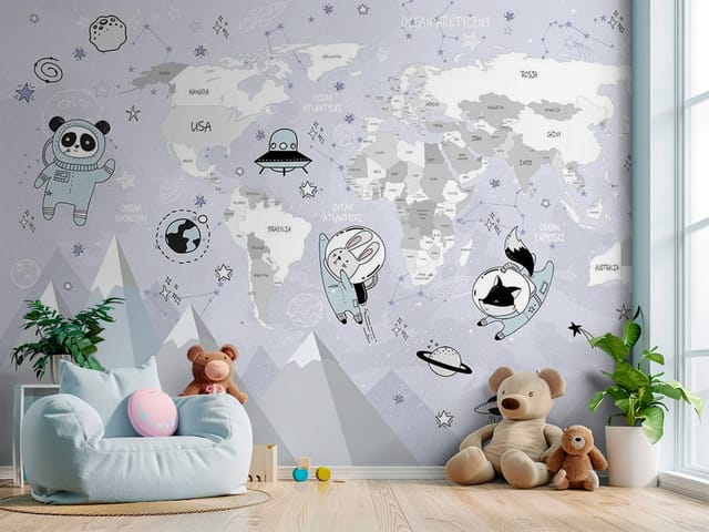 Fototapeta Mapa świata ze zwierzętami w skafandrach (mpn: FT-8312) Fototapeta Mapy dziecięce – mapa świata z postaciami zwierząt