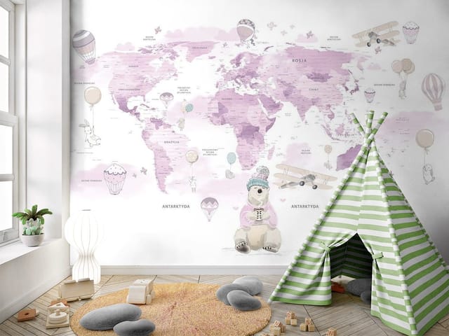 Fototapeta Mapy dziecięce – mapa świata z niedźwiedziem polarnym