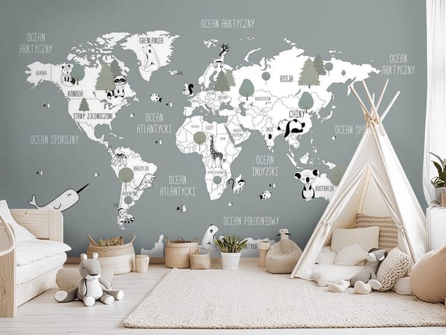 Fototapeta Mapa świata dla dzieci z zwierzętami (mpn: FT-8316) Fototapeta mapy dziecięce – ilustrowana mapa świata z zwierzętami