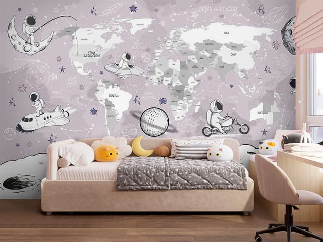 Fototapeta Astronauci na mapie świata (mpn: FT-8322) Fototapeta Mapy dziecięce – astronauci na tle mapy świata