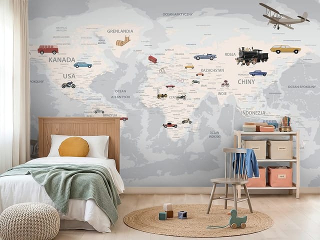 Fototapeta mapy dziecięce – mapa świata z pojazdami