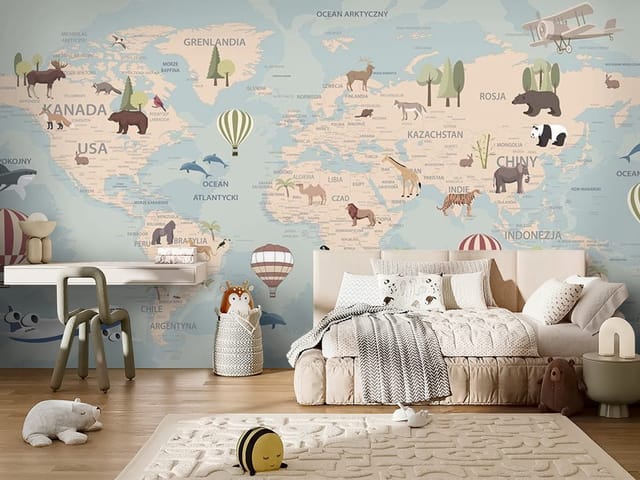 Fototapeta Mapy dziecięce – mapa świata z ilustracjami zwierząt