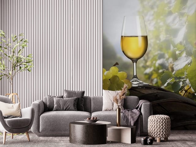 Fototapeta Wino i kieliszki – kieliszek białego wina na beczce