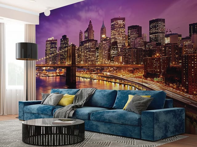 Fototapeta przedstawiająca most z oświetleniem i panoramę miasta nocą