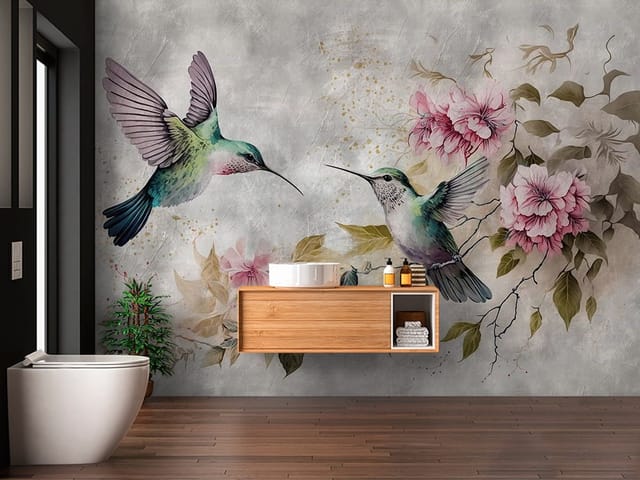 Fototapeta Kolibry i Kwiaty w Delikatnym Ujęciu (mpn: FT-8410) Fototapeta Ptaki – dwa kolibry w locie, kwiaty i liście