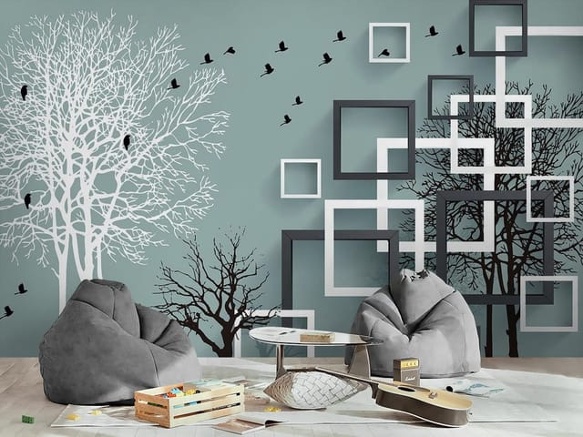 Fototapeta Geometryczne drzewa na jasnym tle (mpn: FT-8465) Fototapeta Geometria – białe i czarne drzewa na tle jasnego nieba