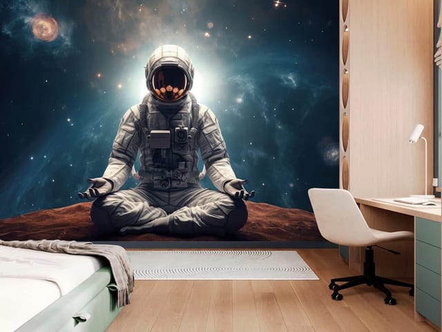 Fototapeta Astronauta w Medytacji na Planecie (mpn: FT-8479) Fototapeta Astronauci – Astronauta w skafandrze siedzi w pozycji medytacyjnej