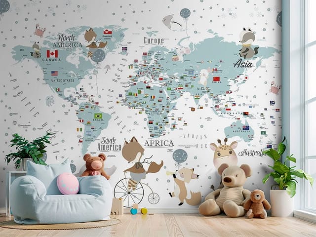 Fototapeta Mapa świata dla dzieci z postaciami (mpn: FT-8481) Fototapeta Mapy dziecięce – mapa świata z kontynentami i zwierzętami