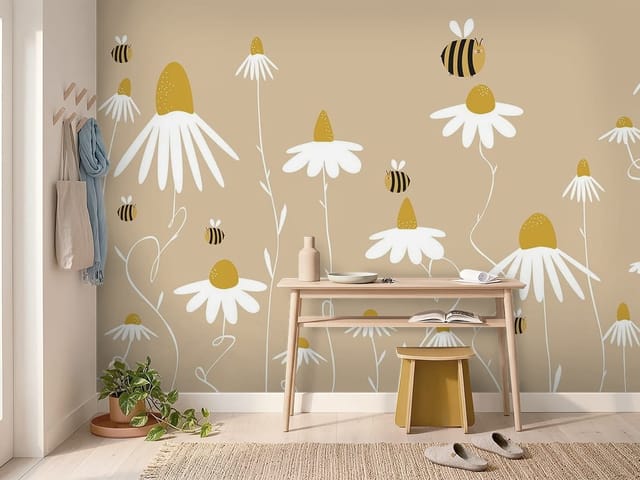 Fototapeta Białe stokrotki na beżowym tle (mpn: FT-8513) Fototapeta Stokrotki – białe kwiaty z żółtymi środkami na beżowym tle